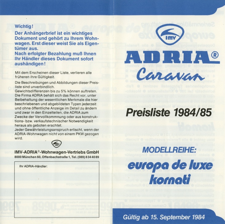 Adria 1985 Preisliste 01 10