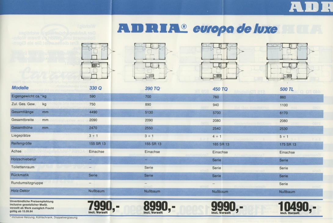 Adria 1985 Preisliste 07 08 09