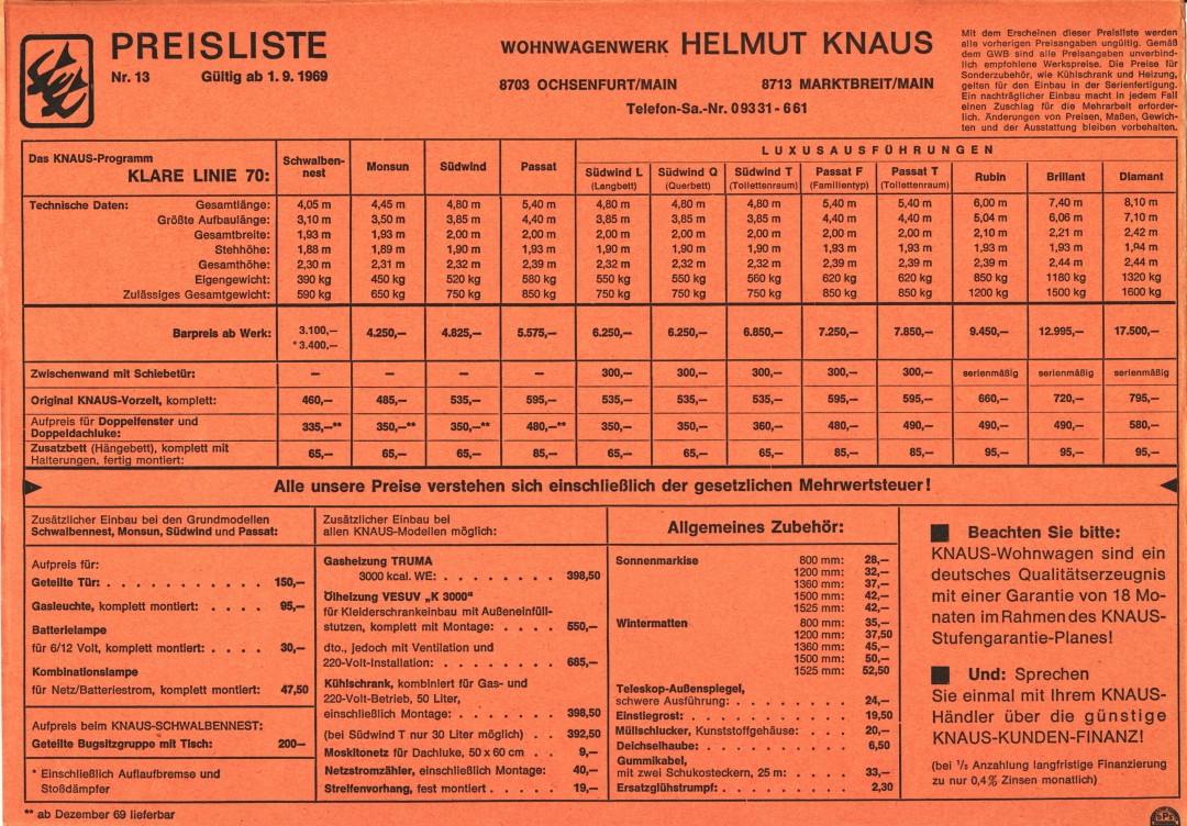 Knaus 1970 Preisliste